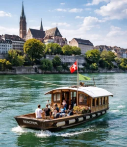 מעבורת התגובה בבאזל חוצה את נהר הריין בשווייץ תוך שימוש בכוח הזרם בלבד,