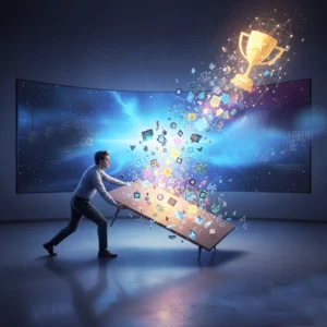 אילוסטרציה של אדם הופך שולחן שהופך בדרך לפאזל של הצלחה – סמל לניהול טרנדים דיגיטליים ויצירתיות.