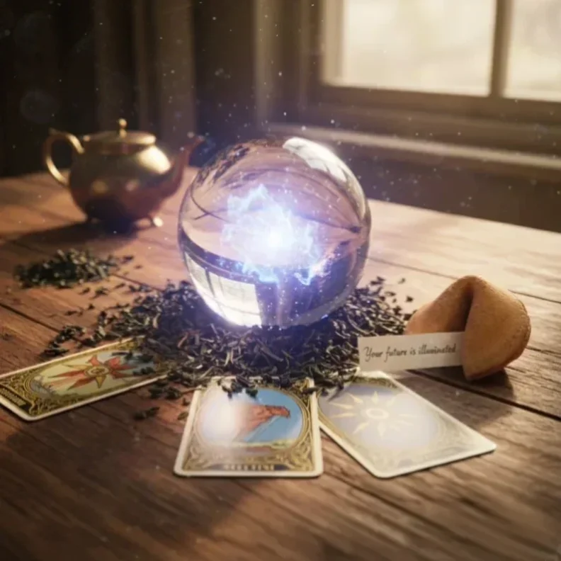 תקריב של שולחן עץ עתיק ועליו כדור בדולח זוהר, קלפי טארוט מעוטרים, עלי תה מפוזרים ועוגיית מזל פתוחה עם מסר, באווירה מסתורית ומוארת.