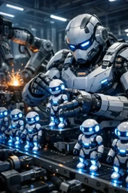 רובוט גדול מרכיב בוטים קטנים בתוך זרמי מידע דיגיטליים, מייצג למידת מכונה.