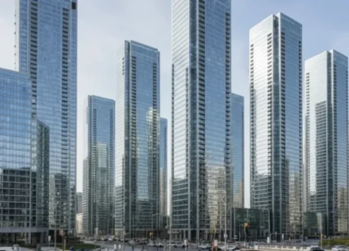 צילום של קו רקיע מודרני עם גורדי שחקים עשויים זכוכית ופלדה במראה אחיד ותעשייתי, הממחיש את תופעת ה"ערים החלקות" ואובדן הזהות האדריכלית.