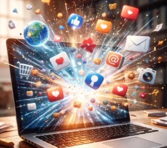 אלמנטים אינטרנטיים פורצים ממסך לפטופ לעולם האמיתי - המחשה של יצירת תוכן ויראלי והשפעת הדיגיטל על המציאות.