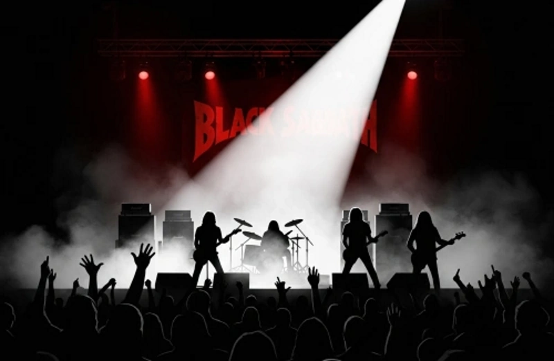להקת בלאק סאבת' בהופעה חיה – אבות המטאל על הבמה תחת אורות זרקורים.