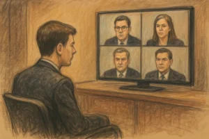 עובד בשיחת זום עם 4 דמויות AI משוכפלות. אילוסטרציה הרומזת להונאת Deepfake קולית ווידאו שהתרחשה בהונג קונג.