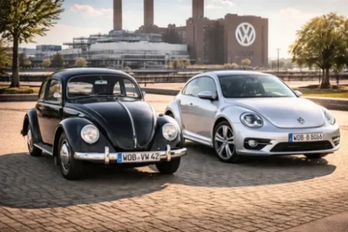 שתי מכוניות פולקסווגן חיפושית, דגם קלאסי שחור ודגם מודרני כסוף, ניצבות זו לצד זו על רקע מפעל פולקסווגן.