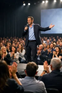 מרצה כריזמטי עומד מול קהל, מדגים את אמנות ההשפעה והתקשורת האפקטיבית בעידן המודרני.