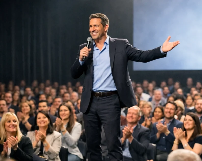 מרצה כריזמטי עומד מול קהל, מדגים את אמנות ההשפעה והתקשורת האפקטיבית בעידן המודרני.