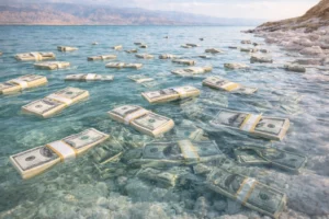 מיליארדי דולרים צפים במי ים המלח –תמונת המחשה לתקציב תעלת הימים ולכספים שירדו לטמיון בתכנון הפרויקט.