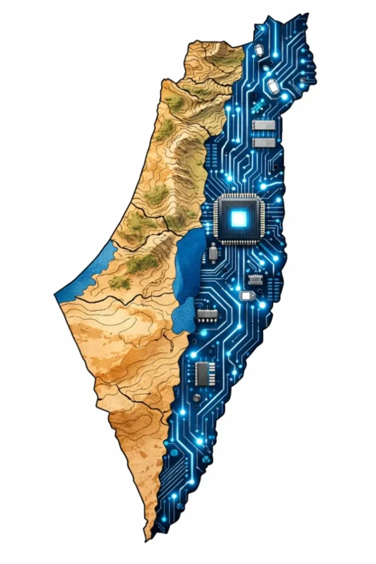 מפת ישראל המשלבת קווי מתאר גאוגרפיים מצד אחד ומעגלים חשמליים, שבבים וטכנולוגיית AI מצד שני, מייצגת ריבונות טכנולוגית.