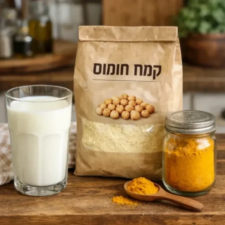 כוס חלב על שולחן עץ לצד שקית קמח חומוס ואבקת כורכום - טיפים לבריאות