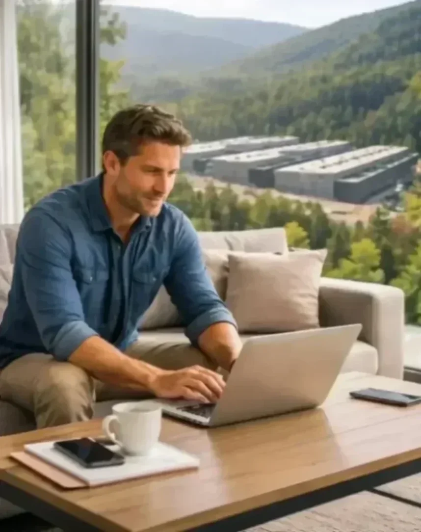 אדם יושב בבית עם מחשב נייד, מהחלון נשקפת חוות שרתים עתידנית. ייצוג ויזואלי של יזם סולו המנהל תשתית AI עוצמתית מהבית.