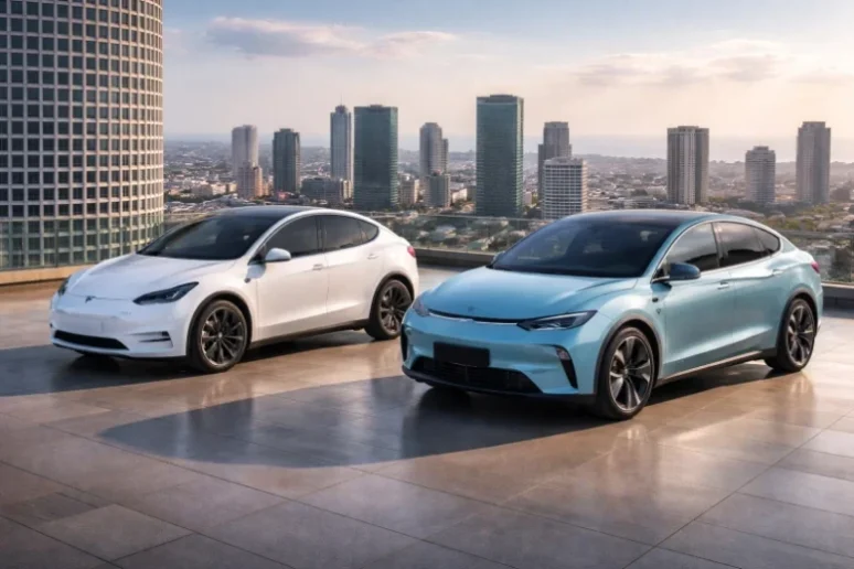טסלה מודל Y לבנה וזיקר 7X תכלת על רקע מגדלי תל אביב.