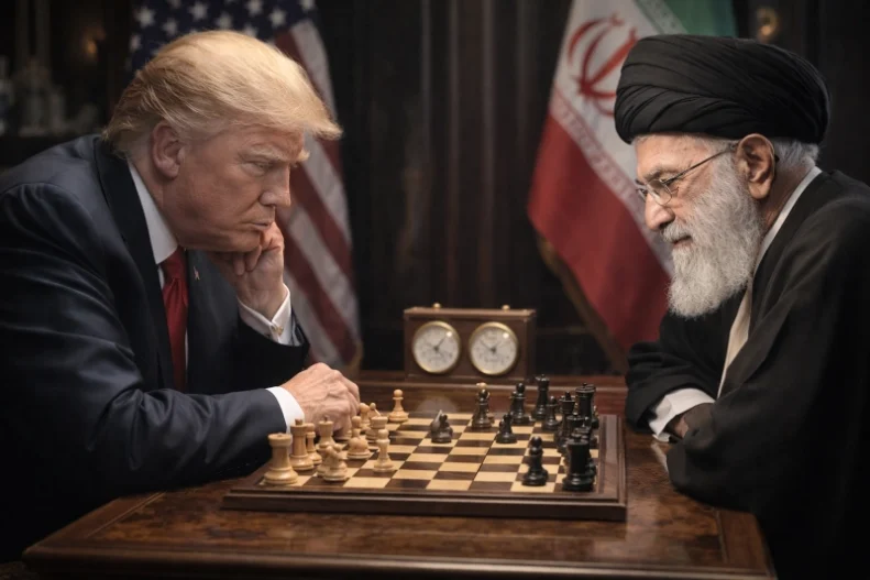 איור ריאליסטי של דונלד טראמפ ועלי חמינאי יושבים זה מול זה ומשחקים שחמט על רקע מפת המזרח התיכון.