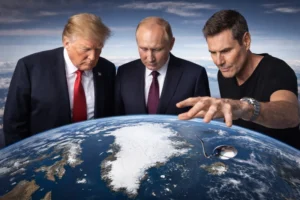 אורי גלר, דונלד טראמפ וולדימיר פוטין בוחנים דגם של כדור הארץ ומתמקדים בגרינלנד, גלר עם תנועת יד אופיינית מעל האי.