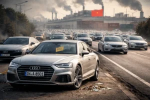 רכבי אאודי יוקרתיים עם שלט SALE צהוב בצד הדרך, על רקע כביש מהיר עמוס במותגי רכב סיניים. תיאור ויזואלי של מותגי רכב בסכנת סגירה ב-2026.