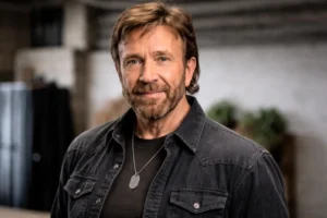 צ'אק נוריס בפורטרט מציאותי עם מבט ישיר למצלמה, שחקן ואמן לחימה אגדי