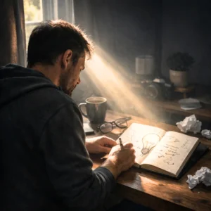 אדם יושב ליד שולחן וכותב במחברת כשקרן אור מאירה מבחוץ. המחשה ליצירתיות וחשיבה חיובית בזמנים קשים