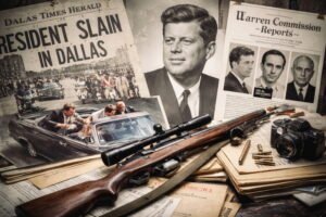 רצח ג'ון קנדי בדאלאס 1963 – קולאז' המדמה את ההתנקשות, לי הארווי אוסוולד והקונספירציות סביב הממשל האמריקאי