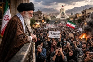 עלי ח'אמנאי מביט מלמעלה על המחאות ההמוניות בטהראן — הכאוס ברחובות איראן ודרישת החופש של העם | Zemaze