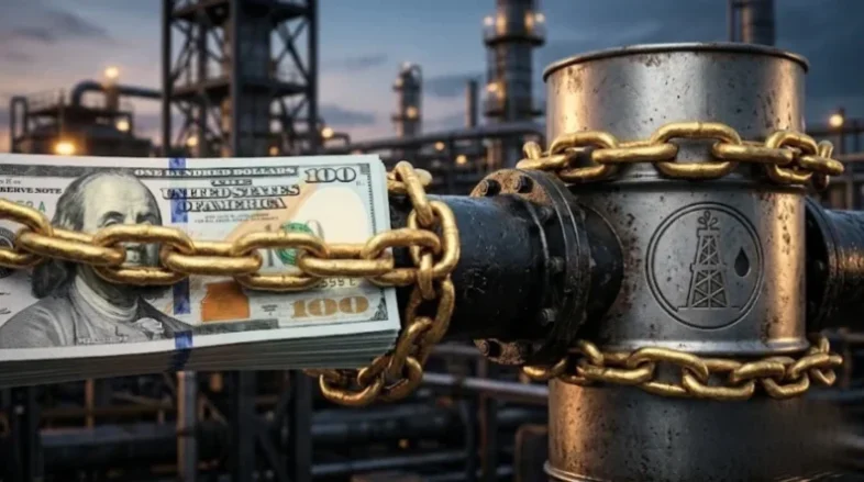 צילום תקריב של שטרות דולר כבולים בשרשרת זהב לצינור וחבית נפט, המייצגים את מערכת הפטרו-דולר והשפעתה הגאופוליטית. Zemaze Analysis