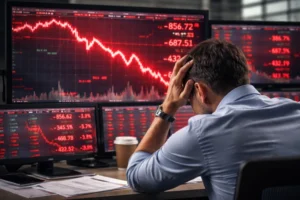 סוחר מניות מודאג מביט במסכי בורסה אדומים בזמן ירידות שערים חדות וקריסת שוק ההון.