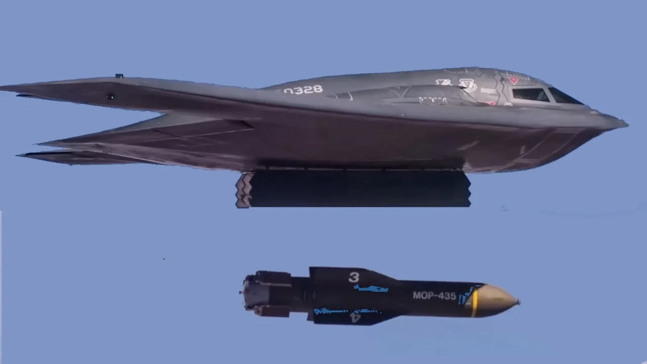 B-21 Raider מטיל פצצה חודרת בונקרים מתקדמת במהלך טיסה – תקיפה מדויקת של יעד תת-קרקעי