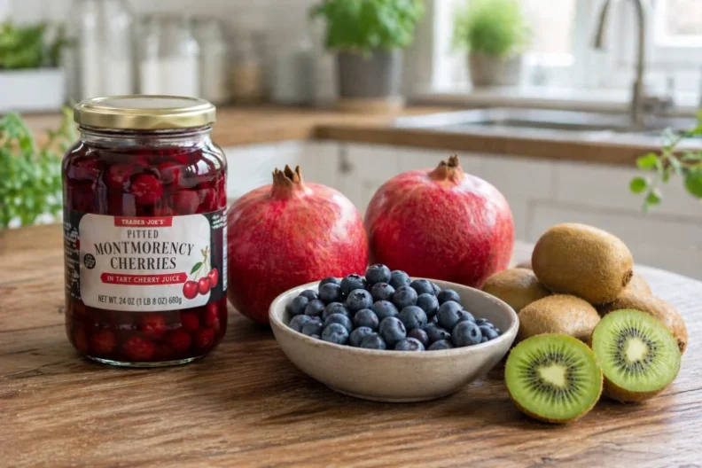 קיווי, אוכמניות, רימונים וצנצנת דובדבנים חמוצים על שולחן עץ במטבח – פירות לשיפור שינה ובריאות המוח אחרי גיל 60