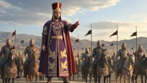 כורש הגדול, מלך פרס, מנהיג את צבאו חמוש ברומח ועוטה גלימה סגולה עם עיטורי גריפונים מוזהבים. ברקע הרי הרמה האיראנית וחיילים פרסים רכובים על סוסים, מתוך סרטון היסטורי על תולדות איראן.