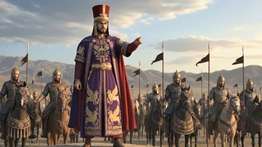 כורש הגדול, מלך פרס, מנהיג את צבאו חמוש ברומח ועוטה גלימה סגולה עם עיטורי גריפונים מוזהבים. ברקע הרי הרמה האיראנית וחיילים פרסים רכובים על סוסים, מתוך סרטון היסטורי על תולדות איראן.