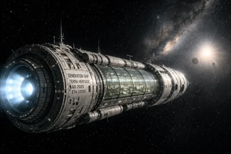 ספינת דורות ענקית במסע בין כוכבים בחלל העמוק, עם אזור מגורים חקלאי מואר בדרכה לכוכב רחוק
