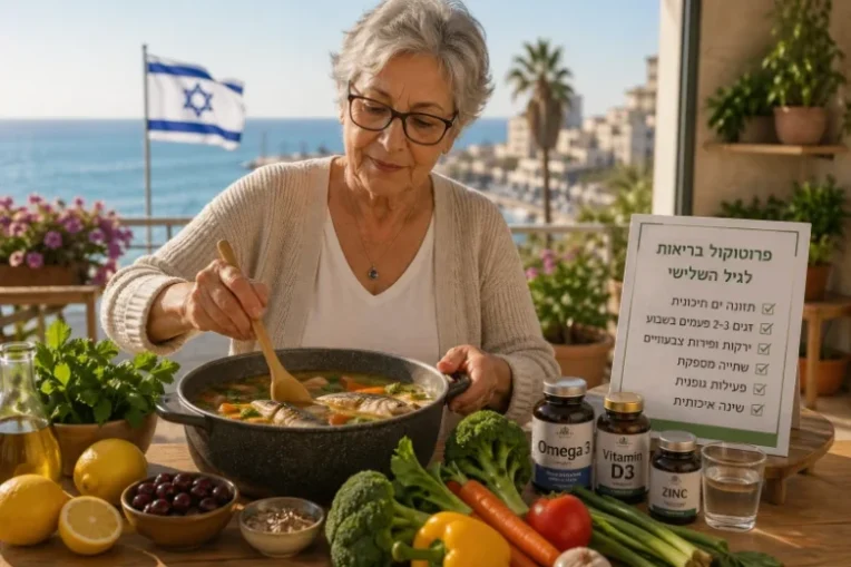 אישה מבוגרת מבשלת מזון בריא עם דגים, ירקות ואומגה 3 לשיפור הראייה אחרי גיל 60