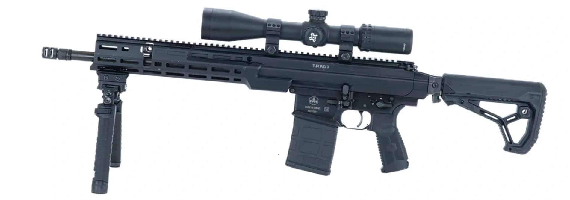 רובה הסער הכבד IWI ARAD 7 בקליבר 7.62x51 מ"מ NATO, כולל כוונת אופטית מתקדמת ומסילות פיקטיני לאביזרים טקטיים.