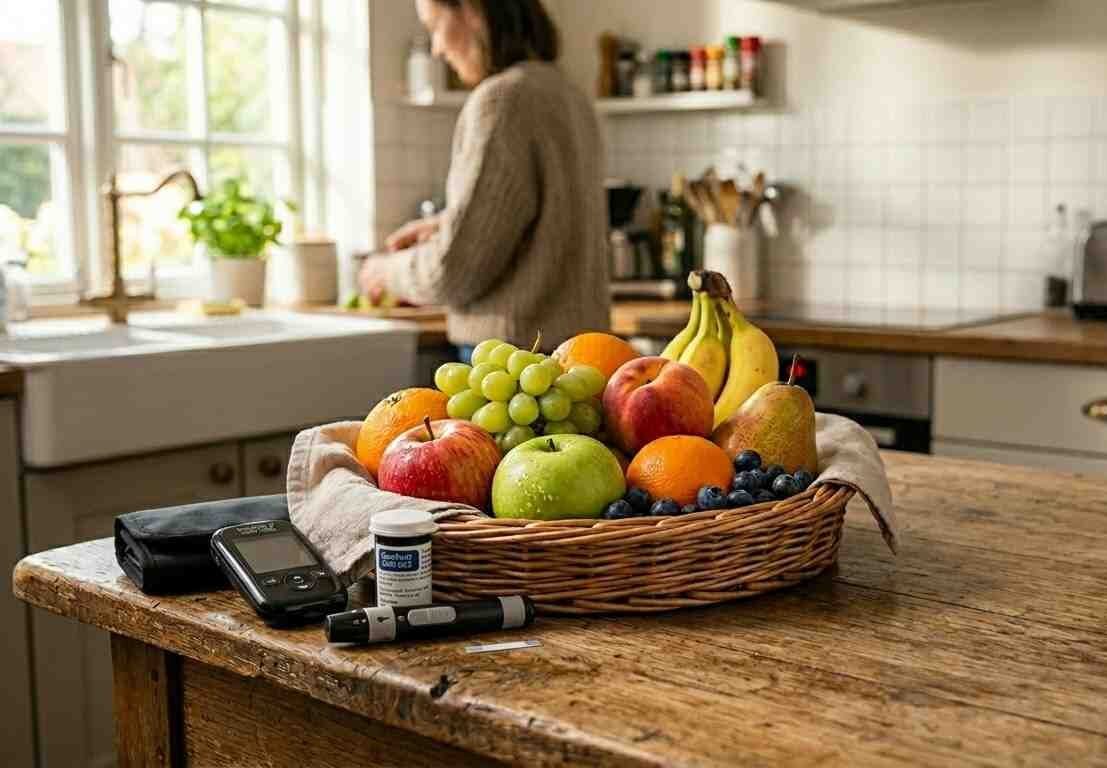 סלסלת פירות טריים על שולחן מטבח מעץ לצד מכשיר דיגיטלי למדידת סוכר (אינסולין) לניהול סוכרת