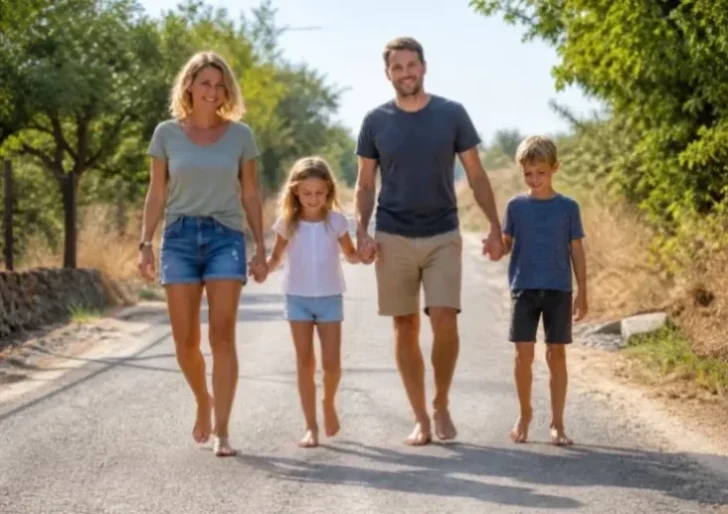 משפחה הולכת יחפה בכביש כפרי – האם הליכה בלי נעליים באמת בריאה או גורמת לנזק לכפות הרגליים והגב?