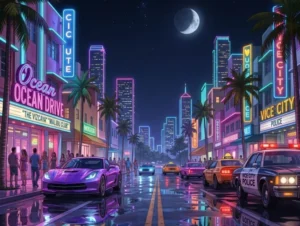 איור בסגנון משחקי וידאו של רחוב Ocean Drive ב-Vice City בלילה, עם אורות ניאון זוהרים בגווני ורוד וכחול, מכונית ספורט סגולה וניידת משטרה חונות בצד הדרך, והשתקפויות על הכביש הרטוב תחת ירח מלא