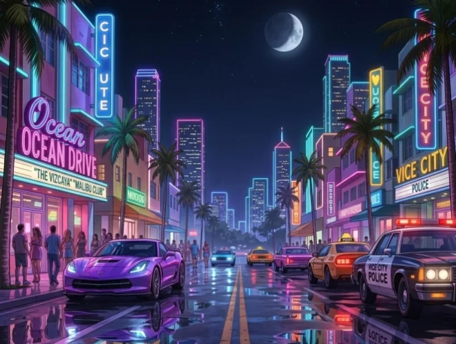 איור בסגנון משחקי וידאו של רחוב Ocean Drive ב-Vice City בלילה, עם אורות ניאון זוהרים בגווני ורוד וכחול, מכונית ספורט סגולה וניידת משטרה חונות בצד הדרך, והשתקפויות על הכביש הרטוב תחת ירח מלא