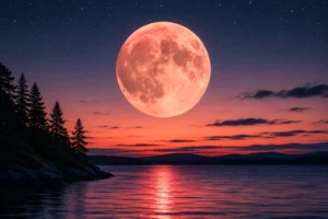 ירח התות (Strawberry Moon) של יוני 2026 זורח מעל האופק בשעת הדמדומים ומאיר את שמי הלילה בגוון כתמתם מרהיב.