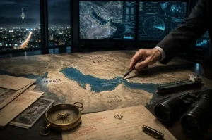 מפת המזרח התיכון ועליה מצרי הורמוז בחדר פיקוד אסטרטגי, המסמלים את תפיסת הביטחון והאסטרטגיה של איראן מול ישראל והמערב.