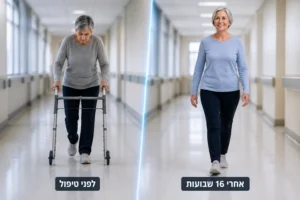 המחשה של תוצאות טיפול CAR-T חדשני בחולי תסמונת האדם הנוקשה (Stiff Person Syndrome) – השוואה בין מצב המטופל לפני הטיפול לבין 16 שבועות לאחריו.