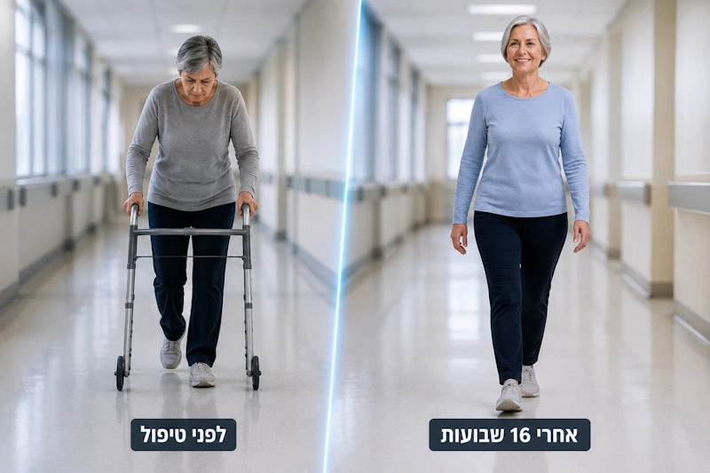 המחשה של תוצאות טיפול CAR-T חדשני בחולי תסמונת האדם הנוקשה (Stiff Person Syndrome) – השוואה בין מצב המטופל לפני הטיפול לבין 16 שבועות לאחריו.