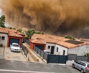 ענני סערה מעל בתי מגורים בפומאס שבדרום צרפת לאחר פגיעת הטורנדו